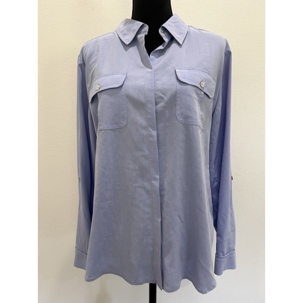 Chicos 2 Womens L Blue Collar Long Roll Tab Sleeve Pockets Button Up